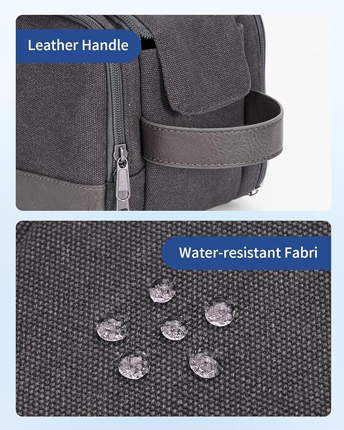 WANDF Toiletry Bag for Men Travel Toiletry Organizer Canvas and Leather Dopp Kit Water-Resistant Shaving Bag for Travel Accessories (Grey, Large)