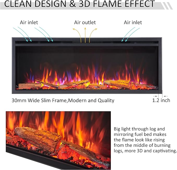 LegendFlame 50" W Smart Wall Mount & in Wall Recessed Electric Fireplace Insert, Heater 750W/1500W, Multi Colors of Flame & Fuel Bed, Alexa/Google Assistant Enabled