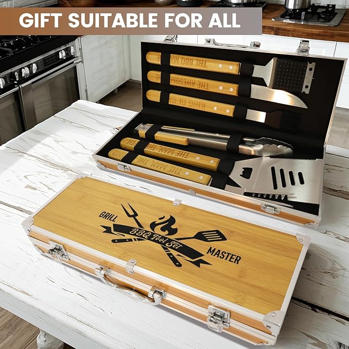 Griddle Accessories Kit, Grill Accessories Set for Outdoor BBQ, Heavy Duty Stainless Steel Griddle Spatula Set Wooden Handling Grilling Tools with Case with Tongs Spatulas for Birthday Gifts for Men