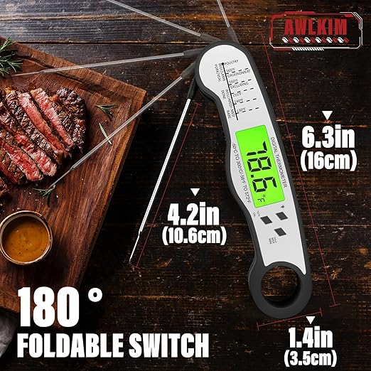 AWLKIM® Meat Thermometer Digital - Fast Instant Read Food Thermometer for Cooking, Candy Making, Outside Grill, IP67 Waterproof Kitchen Thermometer with Backlight, Stocking Stuffers for Men - Black
