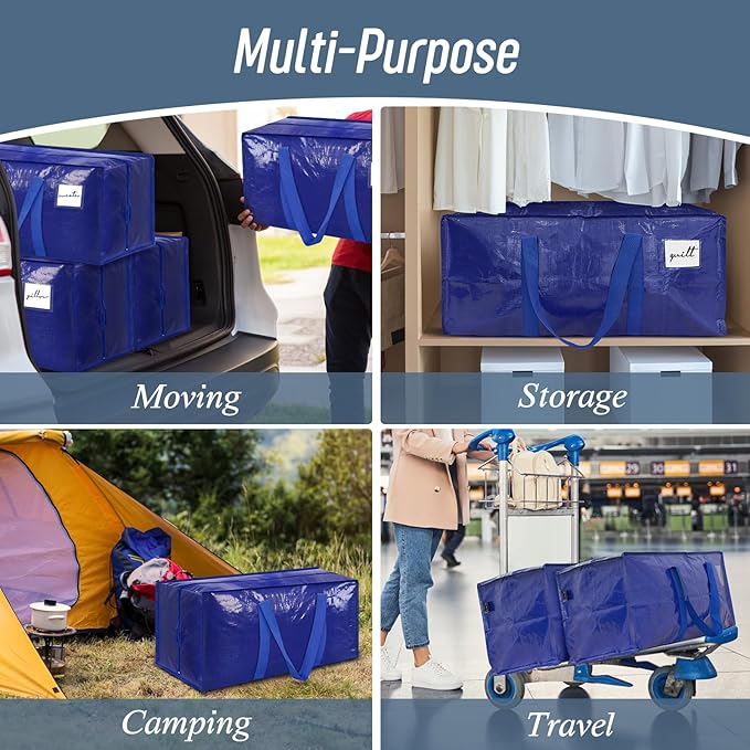 12 Pack Extra Heavy Duty Large Moving Bags with Strong Zipper & Comfortable Handles, Sturdy & Durable Clothes Storage Bags Totes Bins, Packing Moving Boxes for College Supplies, Blue