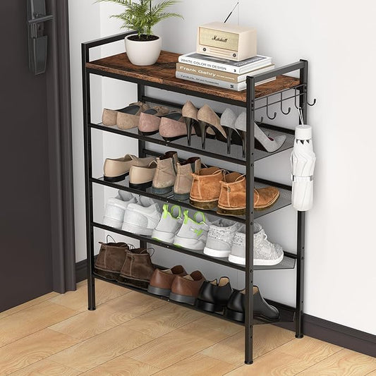 Refrze Shoe Rack for Front Door Entrance, 5 Tier Height-Adjustable Metal Shoe Rack, Sturdy Wooden Top and Tiltable Steel Frame Heavy Duty Shoe Organizer for Bathroom,Bedroom,Kitchen，Include Hook