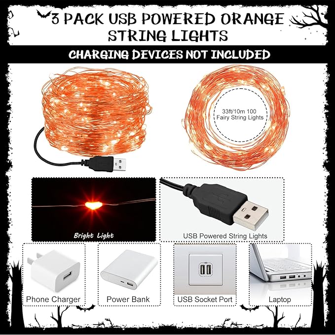 Macarrie 6 Ps USB String Lights 33 ft 100 LED Fairy Lights Powered String for Christmas Indoor Outdoor Wedding Party Tree Home Festival Garden Decoration (Orange)