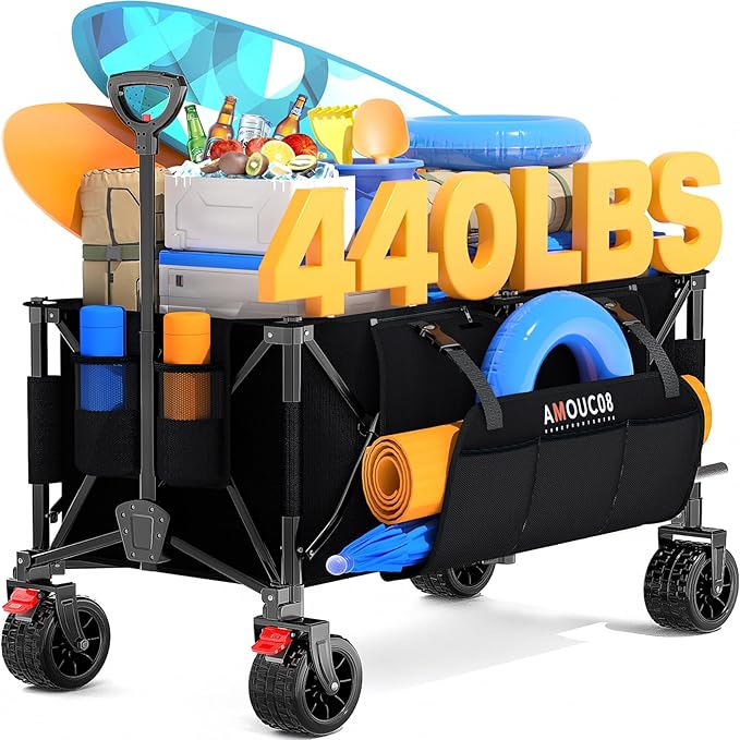 300L Large Wagons Carts Foldable, Heavy-Duty Collapsible Wagon Cart with All-Terrain Wheels, 440 lbs Capacity, Compact Folding Wagon for Camping, Beach, Sports, and Outdoor Hauling