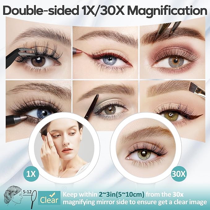 B Beauty Planet Magnifying Mirror with Light 30X, Double-Sided 1X/ 30X Magnifying Makeup Mirror with Tweezer, 2000mAh 3 Colour Modes with Adjustable Brightness,Foldable Travel Mirror(9" L x 7" W)