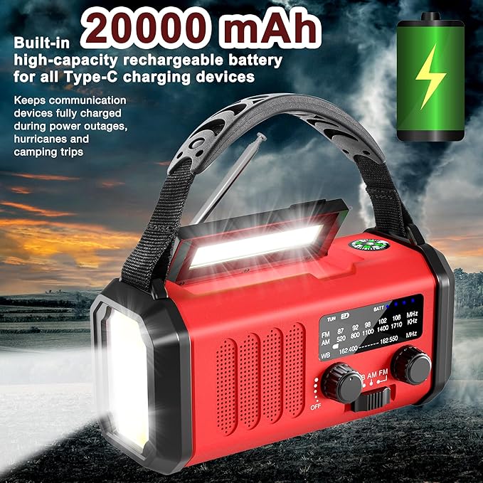 Emergency Radio NOAA Weather Radio Hand Crank & Solar Charging 20000mAh/74000mWh Rechargeable Battery Built-in Flashlight Reading Light & SOS AM/FM & Portable for Camping & Emergencies