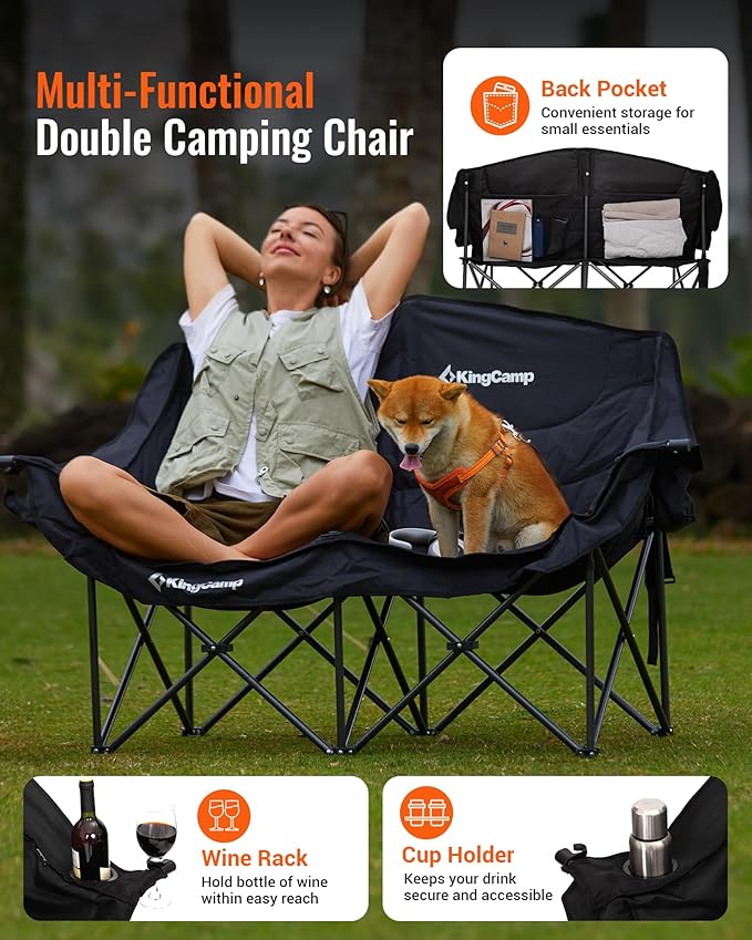 KingCamp Double Camping Chair, Oversized Heavy Duty Loveseat for Adults Portable Folding XL 2 Person Couch Padded Comfortable Two Seat with Cup Holder for Outdoor Lawn Backyard
