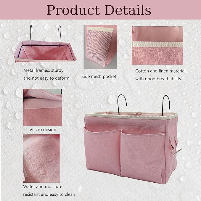 2-Pack Bedside Caddy Bedside Hanging Storage Basket Multi-Function Organizer Caddy for Bunk and Hospital Beds Dorm Rooms Bed Rails, Can be Placed Glasses Books Mobile Phones（2 pcs pink）