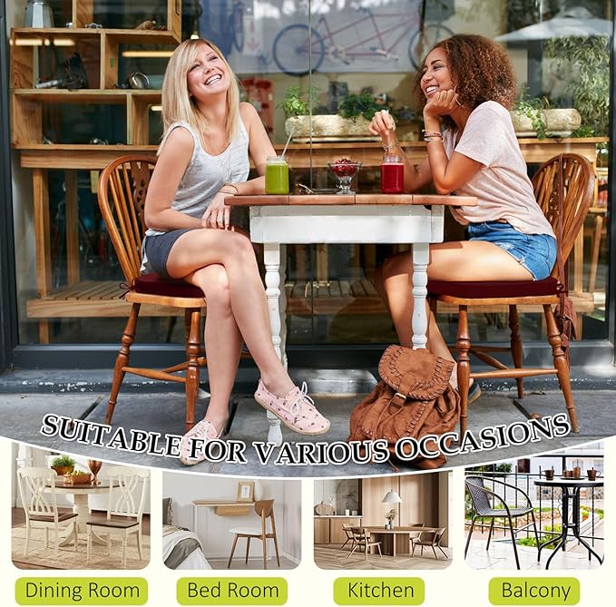 Chair Cushions for Dining Chairs, Indoor Chair Cushions with Ties，Waterproof Chair Pads Set of 6, Burgundy, 17x16x2.5 Inch