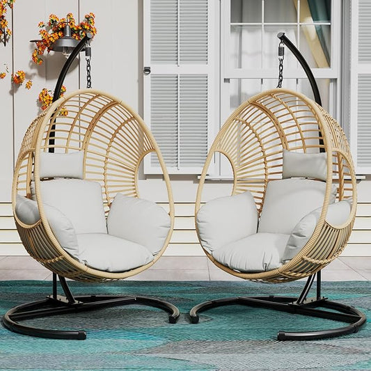 Hanging Egg Chair with Stand - Egg Swing Chair Outdoor Indoor Patio Wicker Chair Swing Hammock Egg Chairs 400lbs Capacity for Outside Patio, Bedroom, Garden and Balcony (Beige-Regular, 2P)