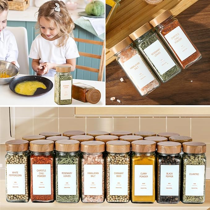Spice Jars with Label，4oz Seasoning Containers, Glass Spice Bottles with Shaker Lids,Funnel, Chalk Pen (36)