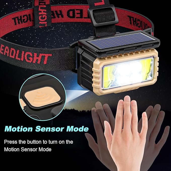 Solar Headlamps for Camping, Rechargeable LED Headlight for Adults with Motion Sensor, Six Adjustable Lighting Modes, Waterproof and Lightweight, Flashlight for Cycling, Hiking, Fishing(1-Pack,black)