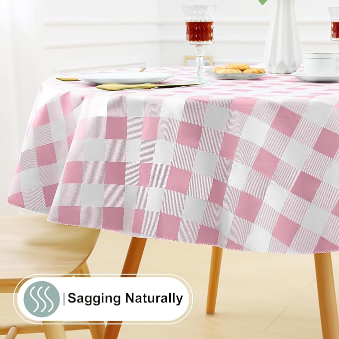 misaya Round Waterproof Vinyl Table Cloth, Buffalo Flannel Backed Tablecloth, Wipeable Plastic Table Cover for Dinner, Kitchen, Picnic (60", Pink and White)