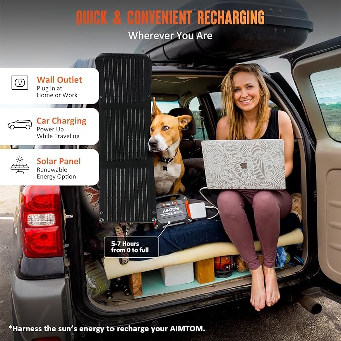 AIMTOM 155Wh Portable Power Station with 30W Solar Panel – 150W Peak/110V AC, 18W USB-C, 2x USB-A & 12V DC – Solar Generator for Camping, Home, RV, Travel & Emergencies