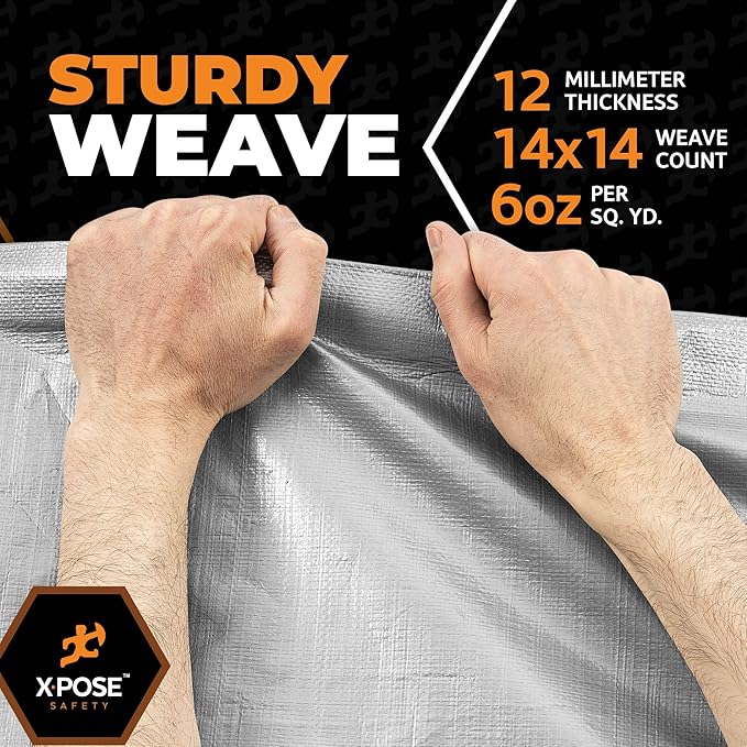 Heavy Duty Silver Poly Tarp 12' X 20' - Multipurpose Protective Cover - Durable, Waterproof, Weather Proof, Rip and Tear Resistant - Extra Thick 12 Mil Polyethylene - by Xpose Safety