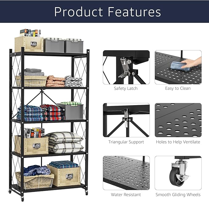 5-Tier Foldable Storage Shelf with Wheels - Metal Collapsible Shelving Unit Display, Rolling Cart for Books Kitchen Storage Shelves, Pantry & Closet Organizer, Office Room Decor - Black