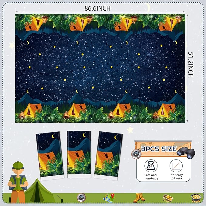 3 Pieces Camping Tablecloth Party Decorations Campfire Plastic Rectangular Table Cover Camp Birthday Party Supplies Picnic Hiking Adventure Supplies