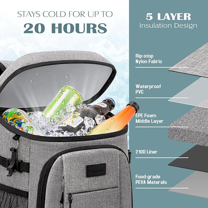 Tuwubi Cooler Backpack 35/42 Cans, Backpack Coolers Insulated Leak Proof for Men Women, Waterproof Soft Sided Lunch Camping Beach Travel Ice Chest Backpack Cooler Bag
