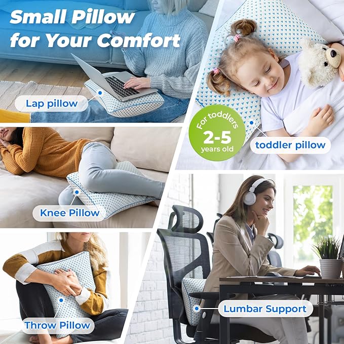 Small Cooling Shredded Memory Foam Pillow for Travel & Camping, Compressible Adjustable Gel Bed Pillow Washable Cover, Medium Firm Neck Lumbar Support, Ideal Sleeping,Car,Airplane,Toddler,Backpacking