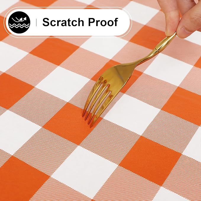 misaya Rectangle Waterproof Vinyl Table Cloth, Buffalo Flannel Backed Tablecloth, Wipeable Plastic Table Cover for Dinner, Kitchen, Picnic (52" x 70", Orange and White)