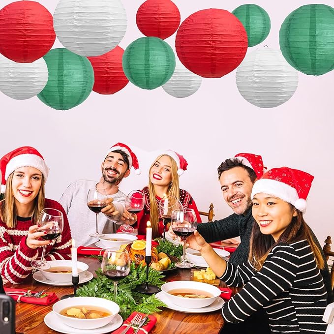 BEISHIDA 12Pcs Red Green White Paper Lanterns Decorative Hanging Round Paper Lanterns Lamp for Christmas，Birthday, Wedding,Bridal,Home Decor,Outdoor Decoration,Party Decoration