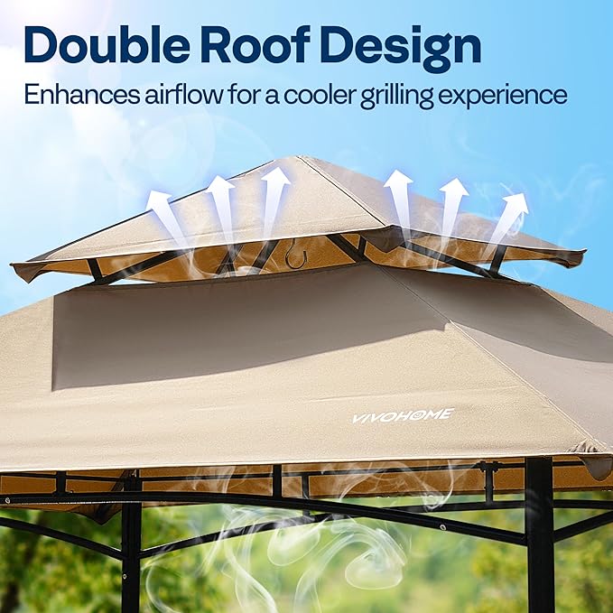 VIVOHOME Grill Gazebo Outdoor BBQ Patio Canopy Tent with Double Tiered Vented Top & 2 Side Shelves, Taupe