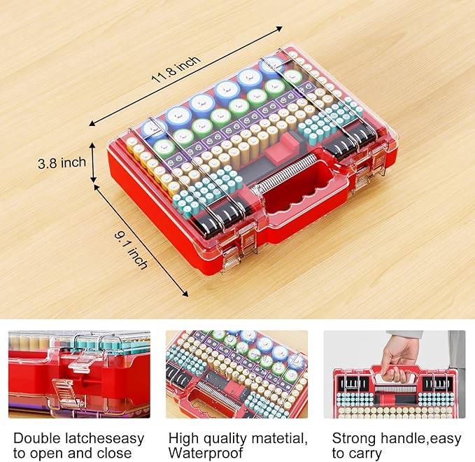 Battery Organizer Storage Holder Box Case with Tester, Ultra-Large 262+ Batteries Container with Double-Sided, Holds AA AAA 4A 23A C D Cell 9V 3V Lithium 4LR44 CR3 CR123A 18650 (Red)