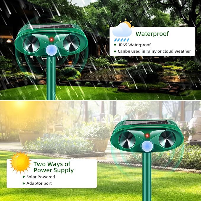 4 Pack 2025 Ultrasonic Solar Animal Repellent Outdoor, Squirrel Fortress Pro Deer Repellent Devices Motion Detection,Waterproof Repeller for Cat Mouse Raccoon Dog Rabbit,Garden Yard Protection