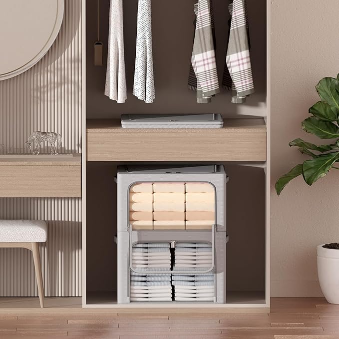 3Pack Frame Storage Box - Clothes Storage Bin Bags Oxford Fabric Foldable Stackable Container Organizer Set with Clear Window & Carry Handles (Grey, Medium-44L)