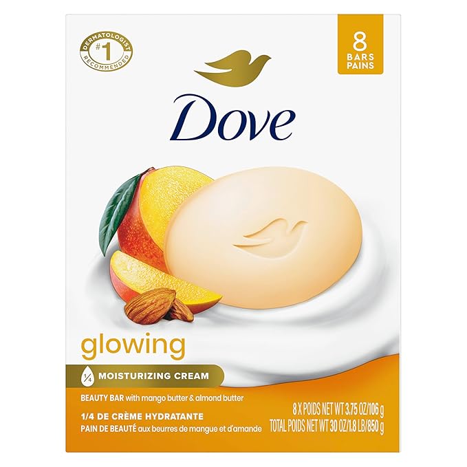 Dove Beauty Bar Soap Glowing Mango & Almond Butters, 8 Bars for Radiant Skin, Illuminates Skin 3.75 oz