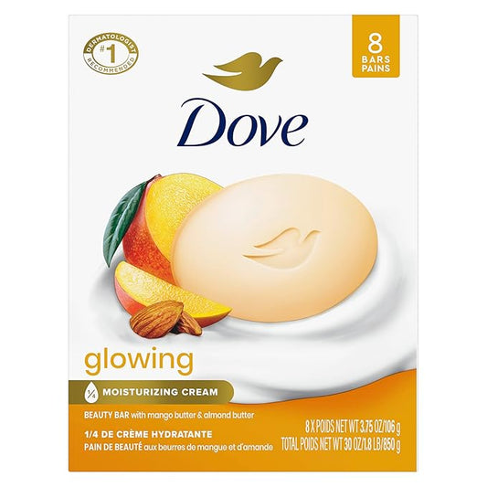 Dove Beauty Bar Soap Glowing Mango & Almond Butters, 8 Bars for Radiant Skin, Illuminates Skin 3.75 oz