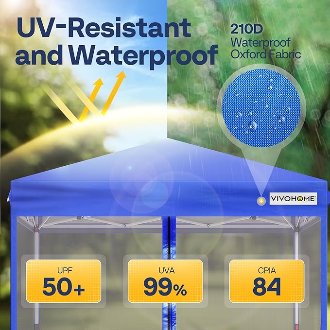 VIVOHOME 10x10ft Easy Pop-Up Canopy, Outdoor Screen Tent with Mosquito Netting, 2 Zipper Doors, and Roller Bag for Yard Camping Picnic Party Events, Blue