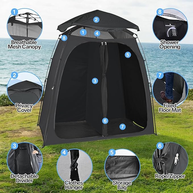 EighteenTek Shower Tent Camping, 2-Room Portable Changing Room, Outdoor Shower Enclosure, Pop Up Privacy Tent Shelter with Floor & Doors, Waterproof & Lightweight, Camping Toilet Bathroom