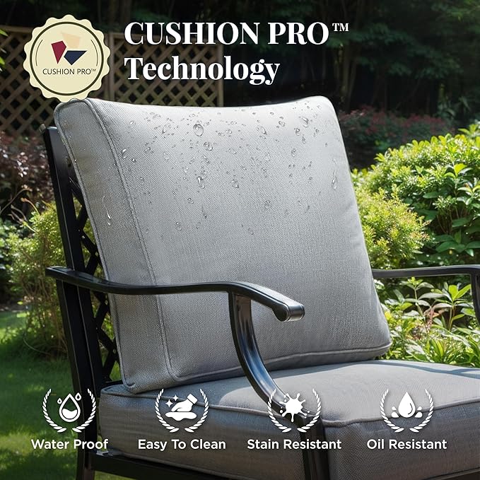 Patio Furniture Set with Fire Pit Table, 5 Pcs Metal Outdoor Conversation Set, 4 Rocking Chairs with 5.75" Extra Thick Cushion and 28" Fire Pit Table for Backyard Deck, Grey