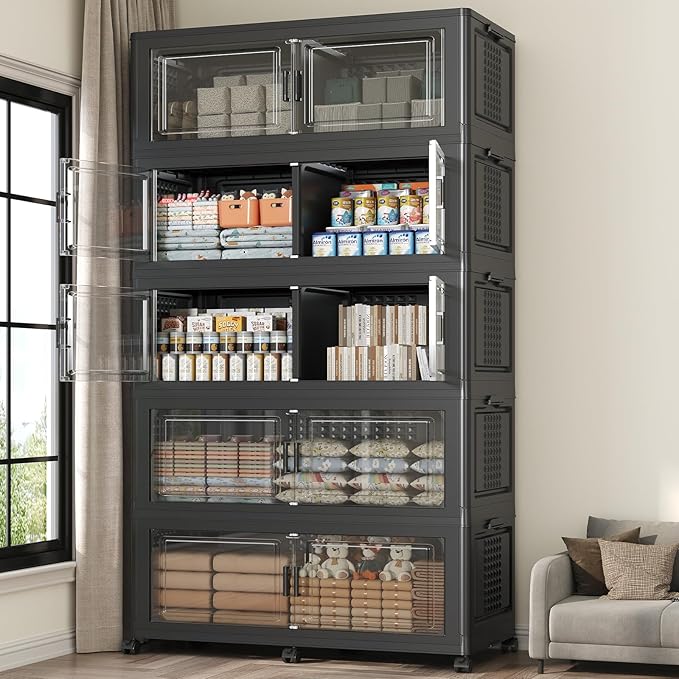 250GAL Extra Large Storage Bins with Lid, 1000Qt Stackable Closet Organizers and Drawers, Collapsible Storage Bins with Wheels, Folding Storages Cabinet for Home Bedroom Office, 5Pack Black