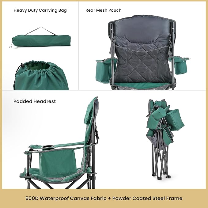 ARROWHEAD OUTDOOR Portable Folding Camping Quad Chair w/ 6-Can Cooler, Cup & Wine Glass Holders, Heavy-Duty Carrying Bag, Padded Armrests, Headrest & Seat, Supports up to 550lbs, USA-Based Support
