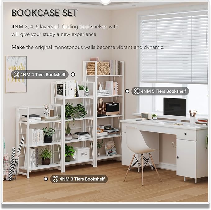 4NM No Assembly Folding Bookshelf, 5-Shelf 62.2" H Collapsible Foldable Bookcase Storage for Small Spaces, All White
