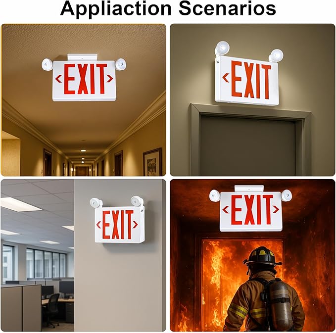 Gruenlich Exit Signs with Emergency Lights, 2 Adjustable LED Head with Battery Backup, 94V-0 Fire Resistant, AC 120/277V, Hardwired Commercial Emergency Light Combo for Business, 1 Pack