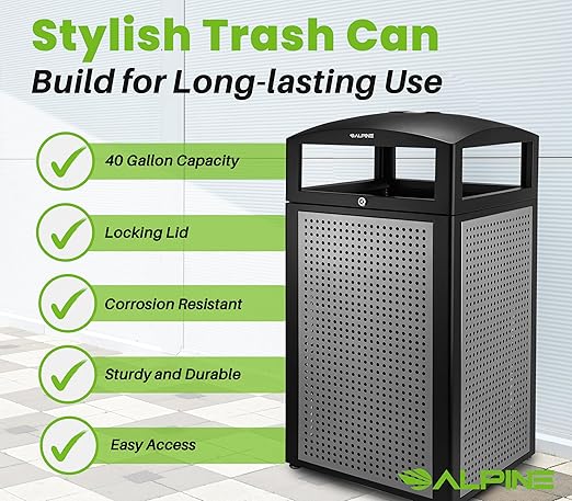 Alpine Outdoor Commercial Trash Can with Lid - 40 Gallon Heavy Duty Metal Garbage Can with Removable Bin, Locking Lid for a Modern Look in Parks, Parkings & High Traffic Areas (Black & Grey with Tray)