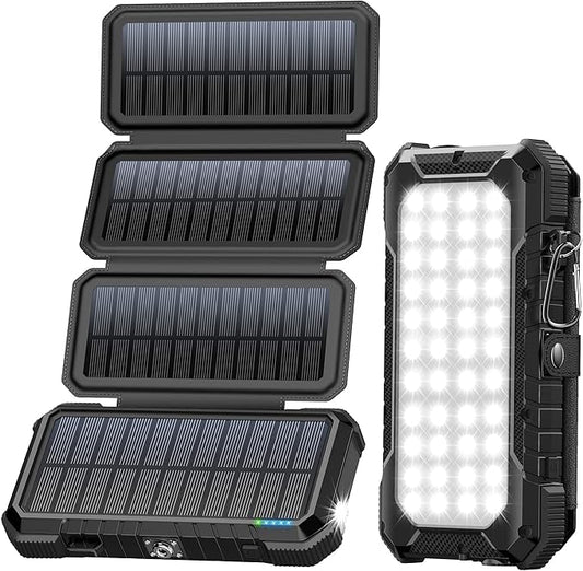 BLAVOR Solar Charger Power Bank, PD 18W Fast Charging 20000mAh Battery Pack with 4 Foldable Panels, Portable Solar Powered USB C Charger with Camping Flashlight Compass Carabiner for Cell Phone