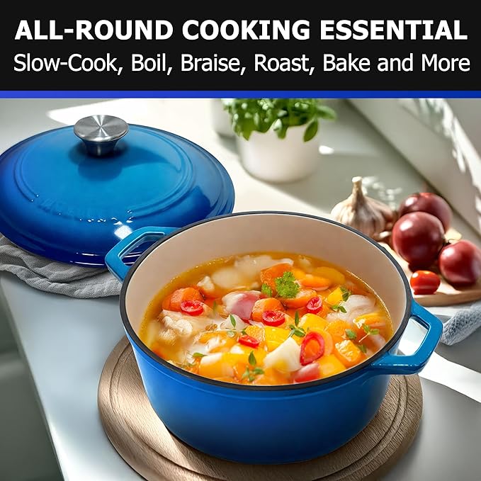 MÜELLERHOME 4.5 QT Enameled Cast Iron Dutch Oven, Heavy-Duty Casserole Dish and Braiser Pan with Lid and Stainless Knob, Oven-Safe up to 500° F & Across All Cooktops, Aqua Blue