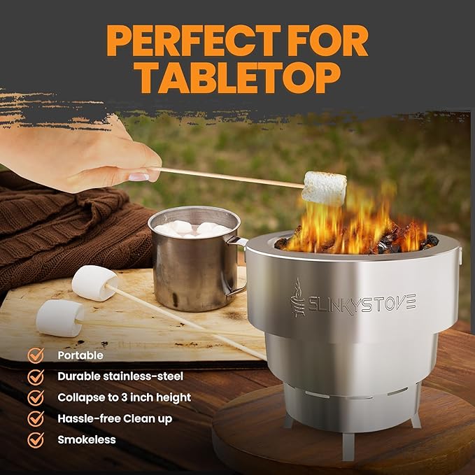 Smokeless Fire Pit for Outdoor Wood-Burning – Portable, Compact & Foldable Design for Camping, Bonfires, Tiny Cabin, Ventless Burn, Solo Pits, and Backyard Use – Stainless Steel, 7-Inch Slinky Stove