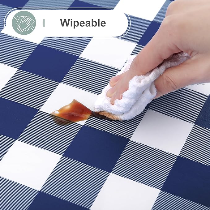 misaya Square Waterproof Vinyl Table Cloth, Buffalo Flannel Backed Tablecloth, Wipeable Plastic Table Cover for Dinner, Kitchen, Outdoor (54" x 54", White and Navy)