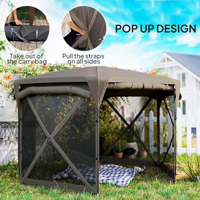 Outsunny Pop Up Gazebo Screen Tent House, 11 x 11ft with UPF30+ Removable Roof Cover, 4 Roll-up Wind Panels and Carry Bag for Camping, Patio, Backyard, Lawn, Brown