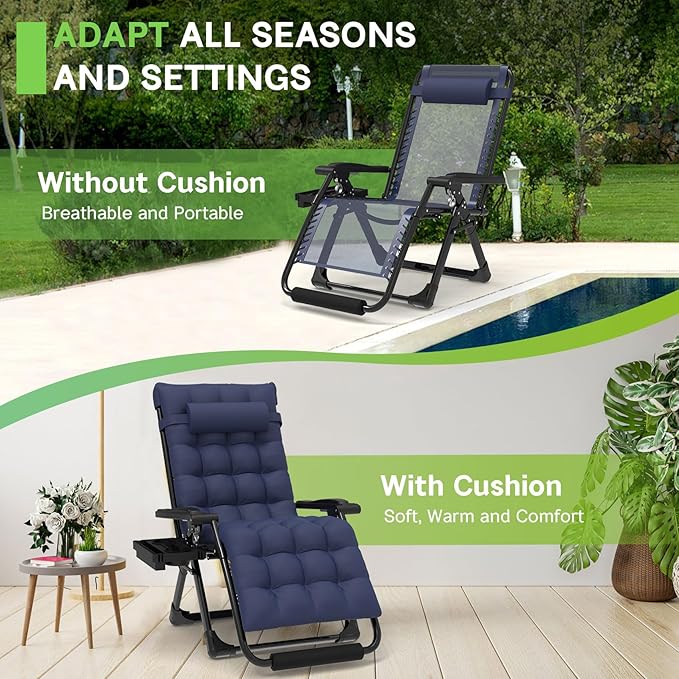 ZENPETIO 29In XL Zero Gravity Chair w/Cushion, Zero Gravity Recliner Lounge Chair for Indoor and Outdoor, Reclining Camping Chair for Lawn, Anti Gravity Chair with Cup Holder and Footrest, 440LBS