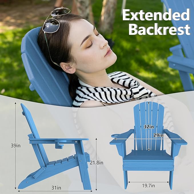 Folding Adirondack Chair with Cup Holder,SGS Tested,Heavy All-Weather,Wooden Textured,HDPE Outdoor Chairs for Patio Backyard Fire Pit, Light Blue