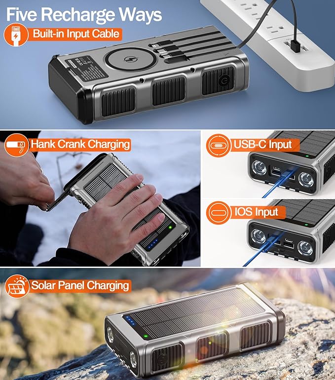 GOODaaa Power Bank Wireless Charger 45800mAh Built in Hand Crank and 4 Cables 15W Fast Charging Power Bank 7 Outputs & 4 Inputs Solar Portable Charger, SOS/Strobe/Strong Flashlights, Compass