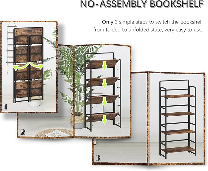 4NM No Assembly Folding Bookshelf, 4-Shelf 54" H Collapsible Foldable Bookcase Storage for Small Spaces, Rustic Brown and Black
