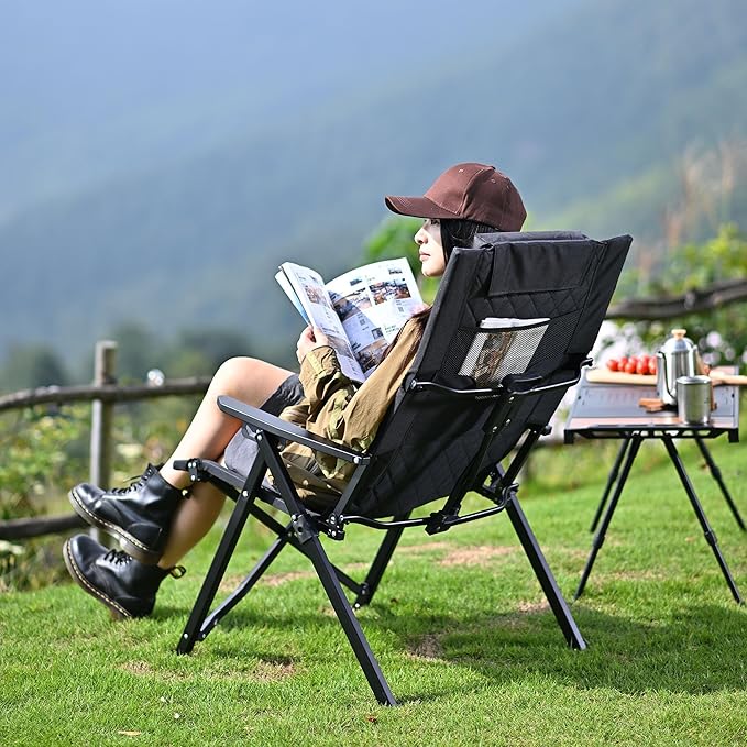 Reclining Camping Chair, Heavy Duty Folding Chairs with 4-Stage Adjustable High Back for Adults, Compact Foldable Outdoor Patio Reclining Chair with Storage Bag （Black）