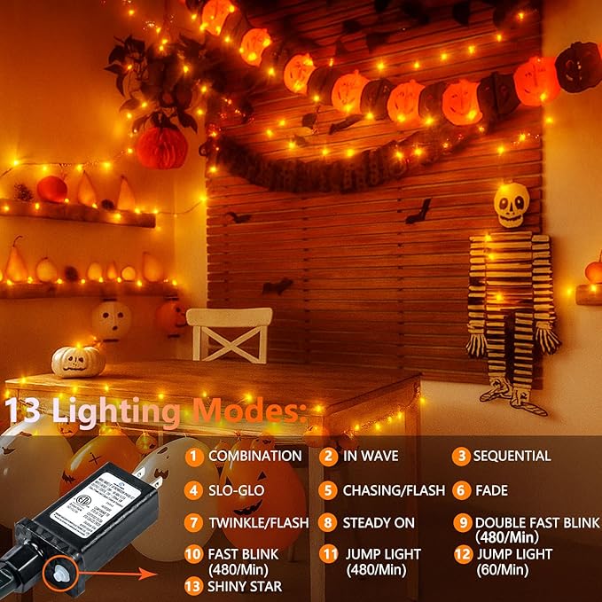 Upgraded Connectable 200 LED Halloween String Lights Outdoor Indoor, 66FT Orange Halloween Decorations Lights 13 Modes, Waterproof Twinkle Fairy Lights Plug in Clear Wire for Tree, Bedroom Decoration